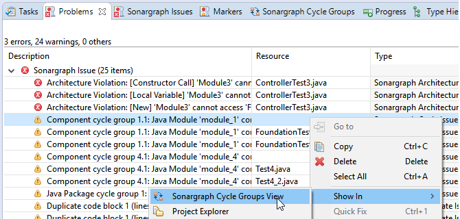 Context Menu To Open Sonargraph Cycle Groups View